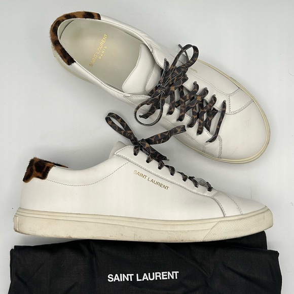 Saint Laurent Sz 39 White Sneakers Shoes Leopard Print Laces Designer - Picture 2 of 10